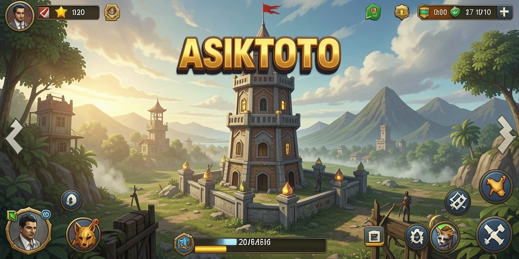 Screenshot gameplay ASIKTOTO menampilkan menara bertahan melawan gelombang musuh yang menyerang.
