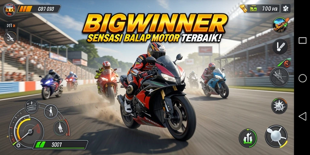 Screenshot gameplay BIGWINNER menunjukkan aksi balap yang mendebarkan.