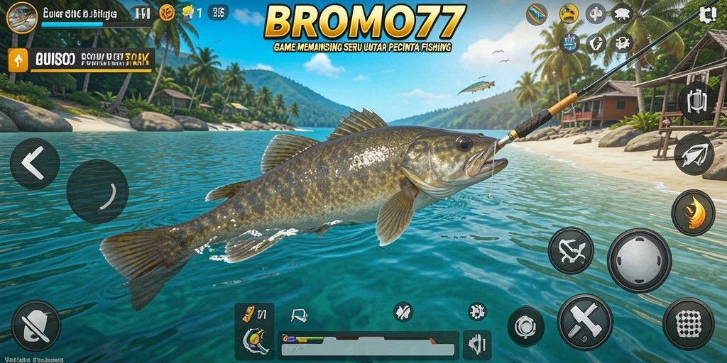 Cuplikan gameplay BROMO77 yang menampilkan aktivitas memancing.