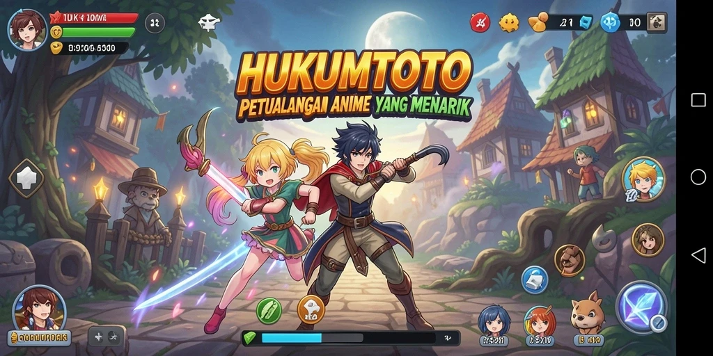 Screenshot gameplay HUKUMTOTO menampilkan karakter anime yang beraksi.