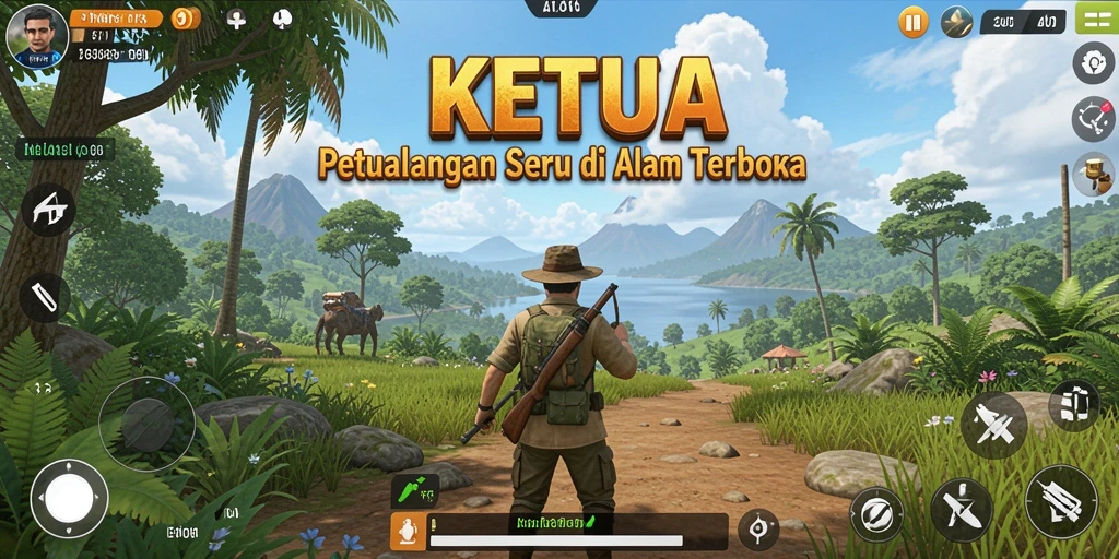 Screenshot gameplay menunjukkan karakter menjelajahi hutan lebat di KETUA.