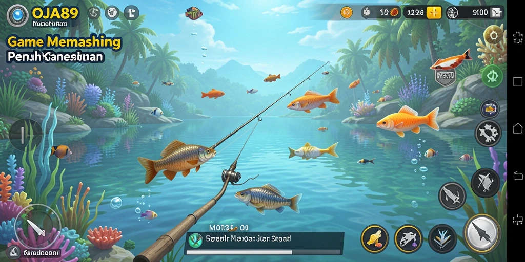 Tampilan gameplay OJA89 saat menangkap ikan di danau.