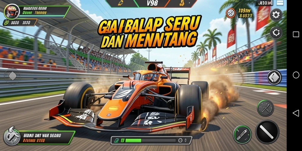 Screenshot V98 menampilkan aksi balap yang mendebarkan.