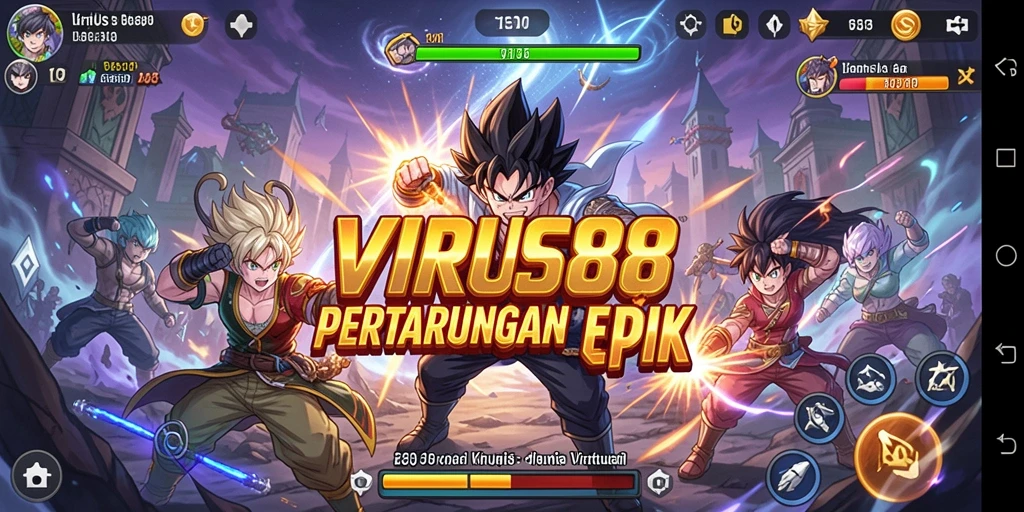 Tampilan gameplay VIRUS88 yang menampilkan pertarungan karakter anime yang dinamis.